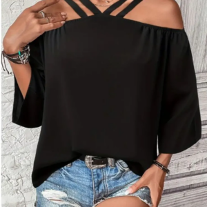 Solid Cold Shoulder V-Neck Blouse