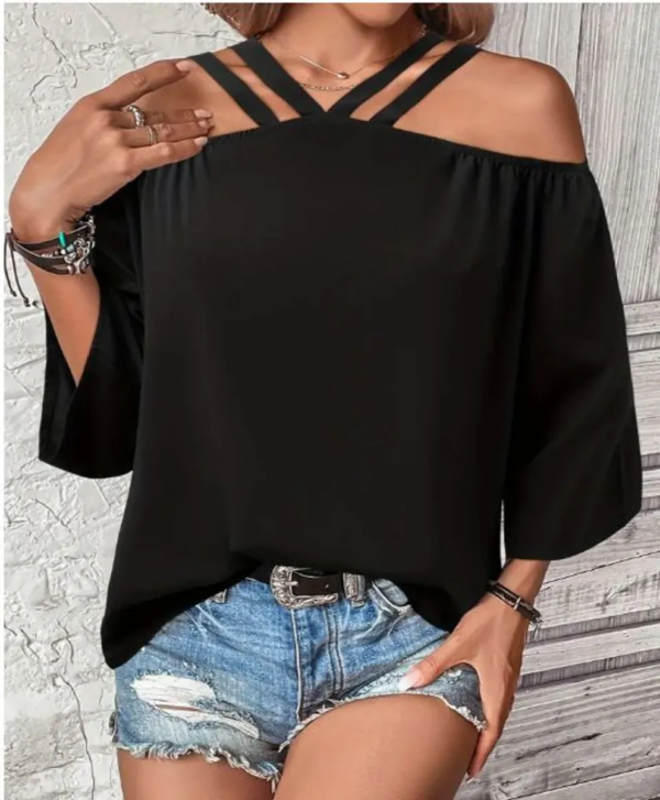 Solid Cold Shoulder V-Neck Blouse