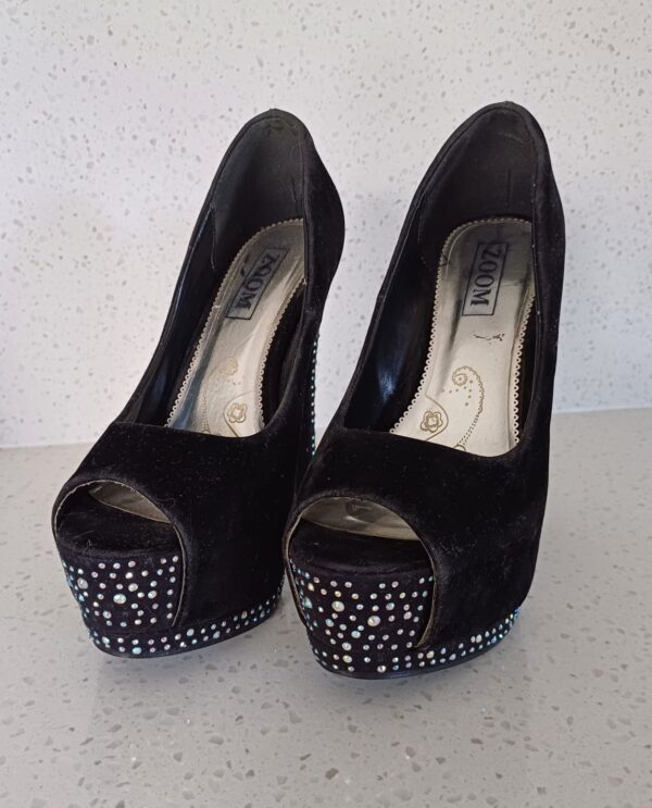 Stunning Black Velvet High Heels with Rhinestone Detailing